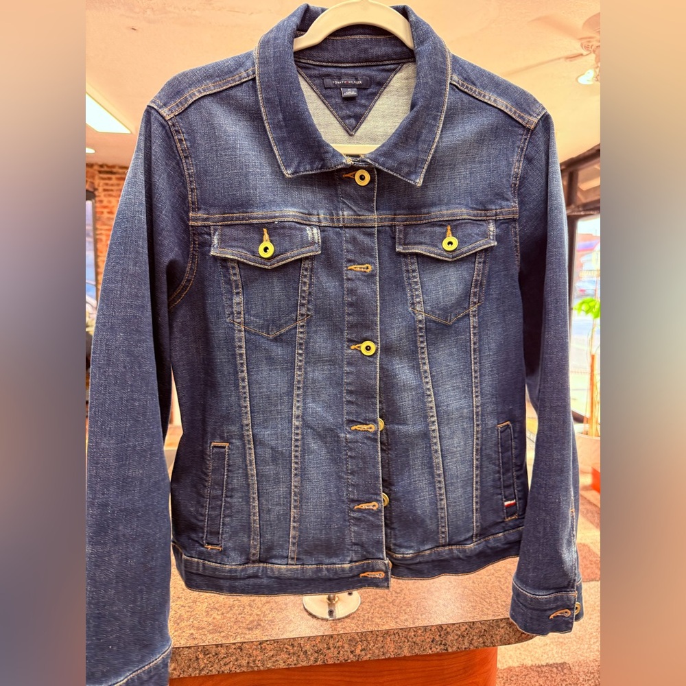 Tommy Hilfiger Dark Blue Denim Jacket with Yellow Button Accents